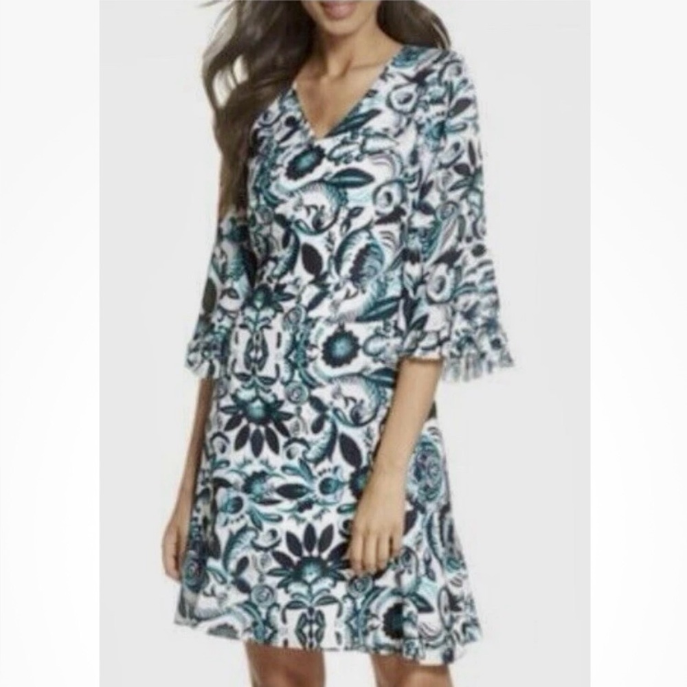 Kobi Halperin Blue and White Floral Long Sleeve Dress
